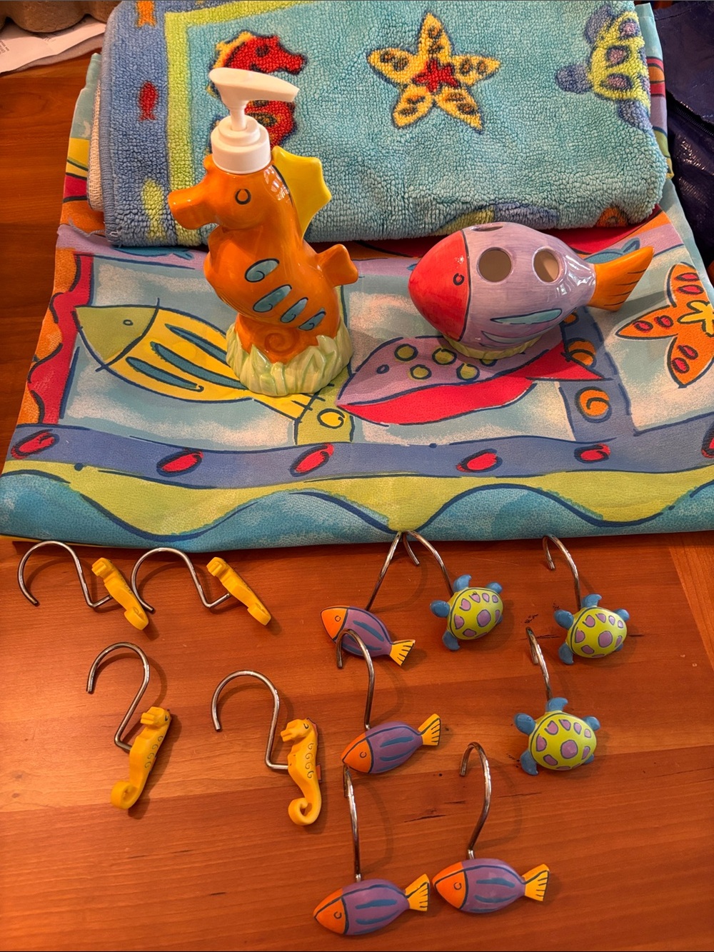 Seahorse & Fish Kids Bath Curtain Set - Multicolor